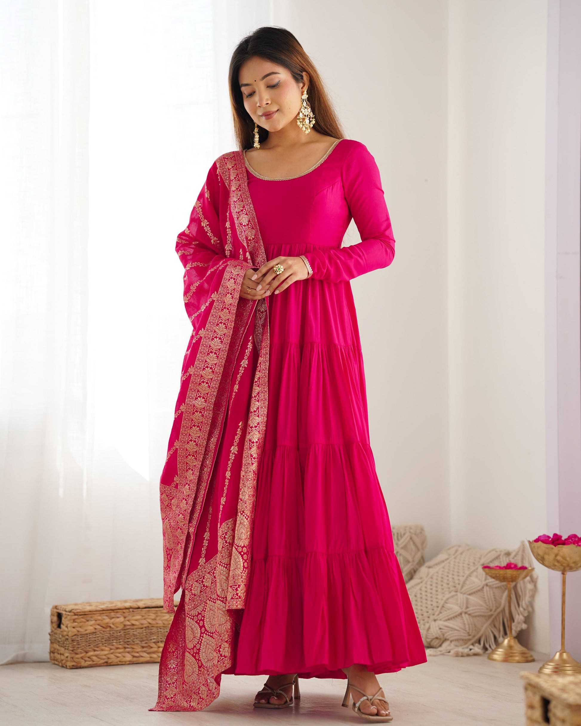 Lorenvalley Women Pure Roman silk Chanderi Fabric Layer Gathering Anarkali Kurta Pant With Dupatta Set - Magenta 