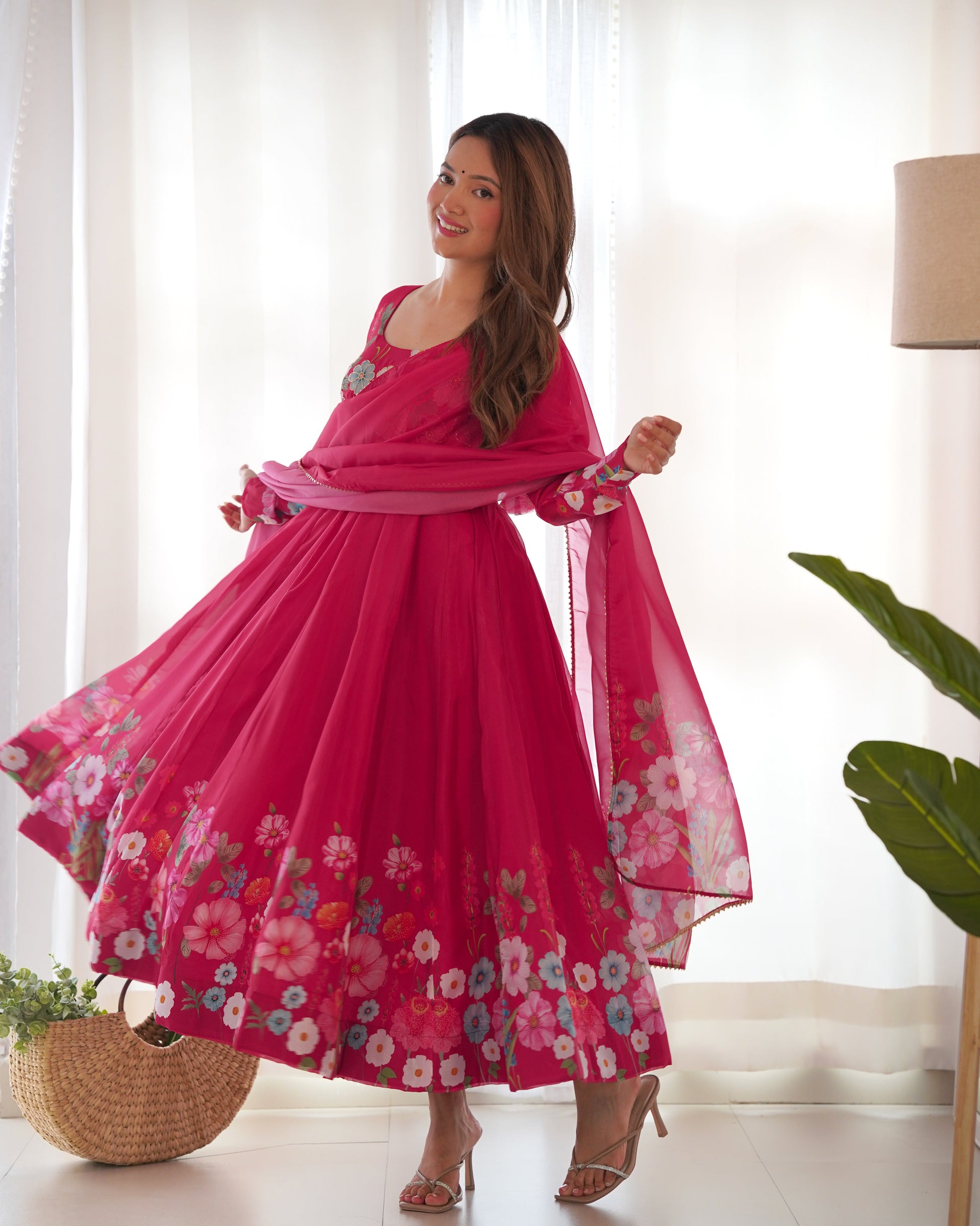 Lorenvalley Parrot Soft Organza Silk With Floral Print Fully Flared Anarkali Pant With Dupatta Set - Magenta 