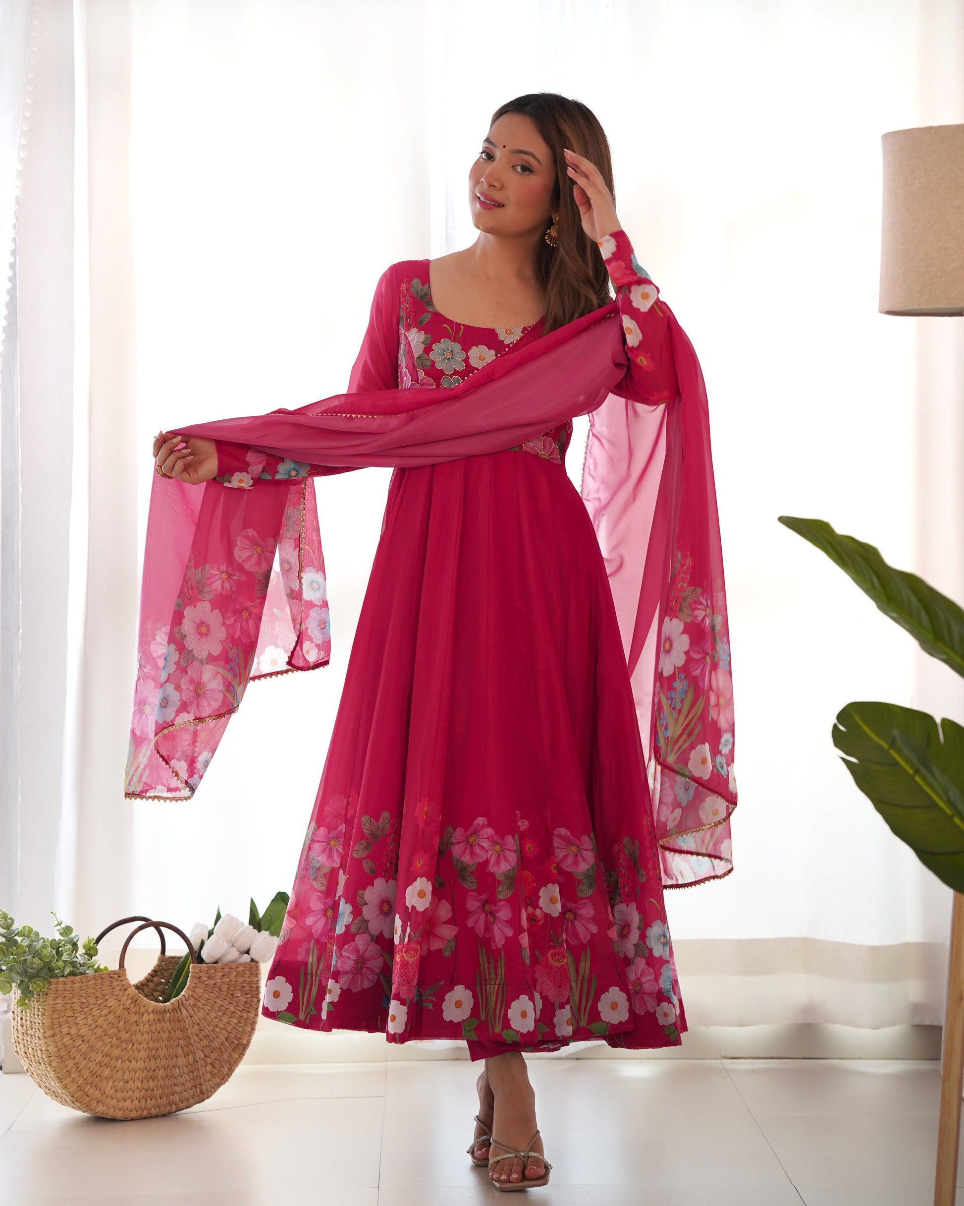 Lorenvalley Parrot Soft Organza Silk With Floral Print Fully Flared Anarkali Pant With Dupatta Set - Magenta 