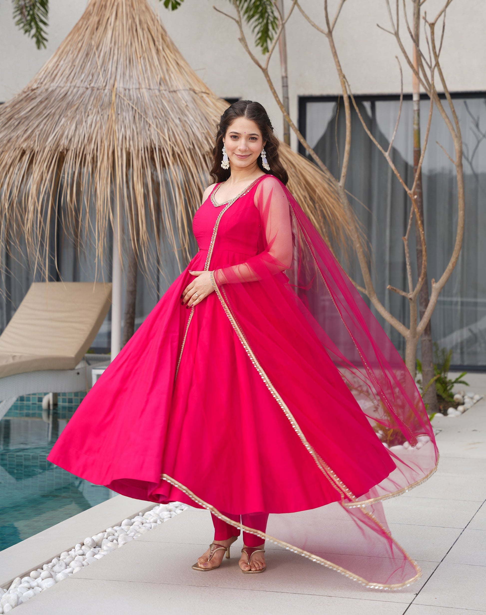 Lorenvalley Magenta Pure Romansilk Chanderi Fabric Yoke Fancy Lace Work Anarkali Kurta Pant With Dupatta Set 