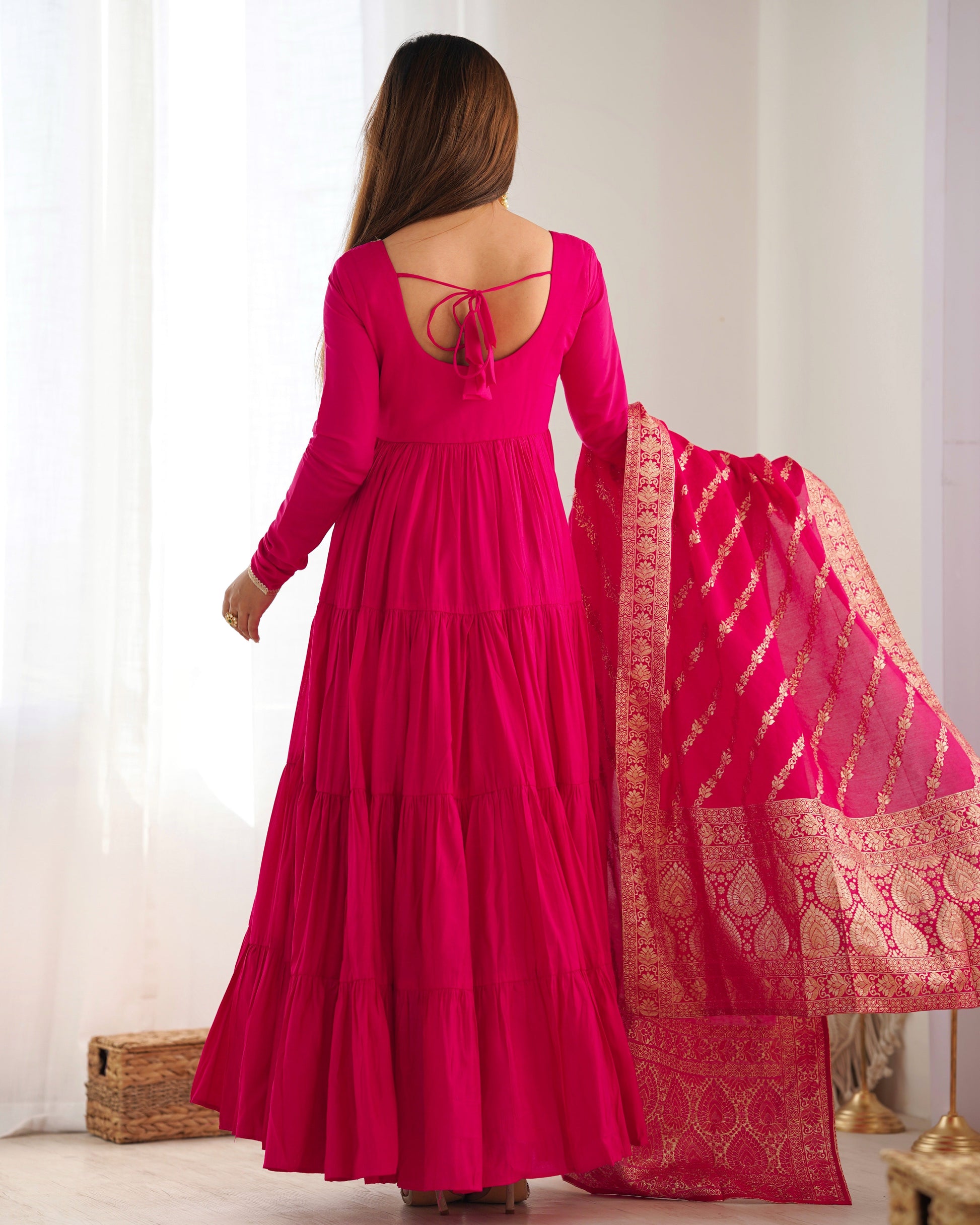 Lorenvalley Women Pure Roman silk Chanderi Fabric Layer Gathering Anarkali Kurta Pant With Dupatta Set - Magenta 