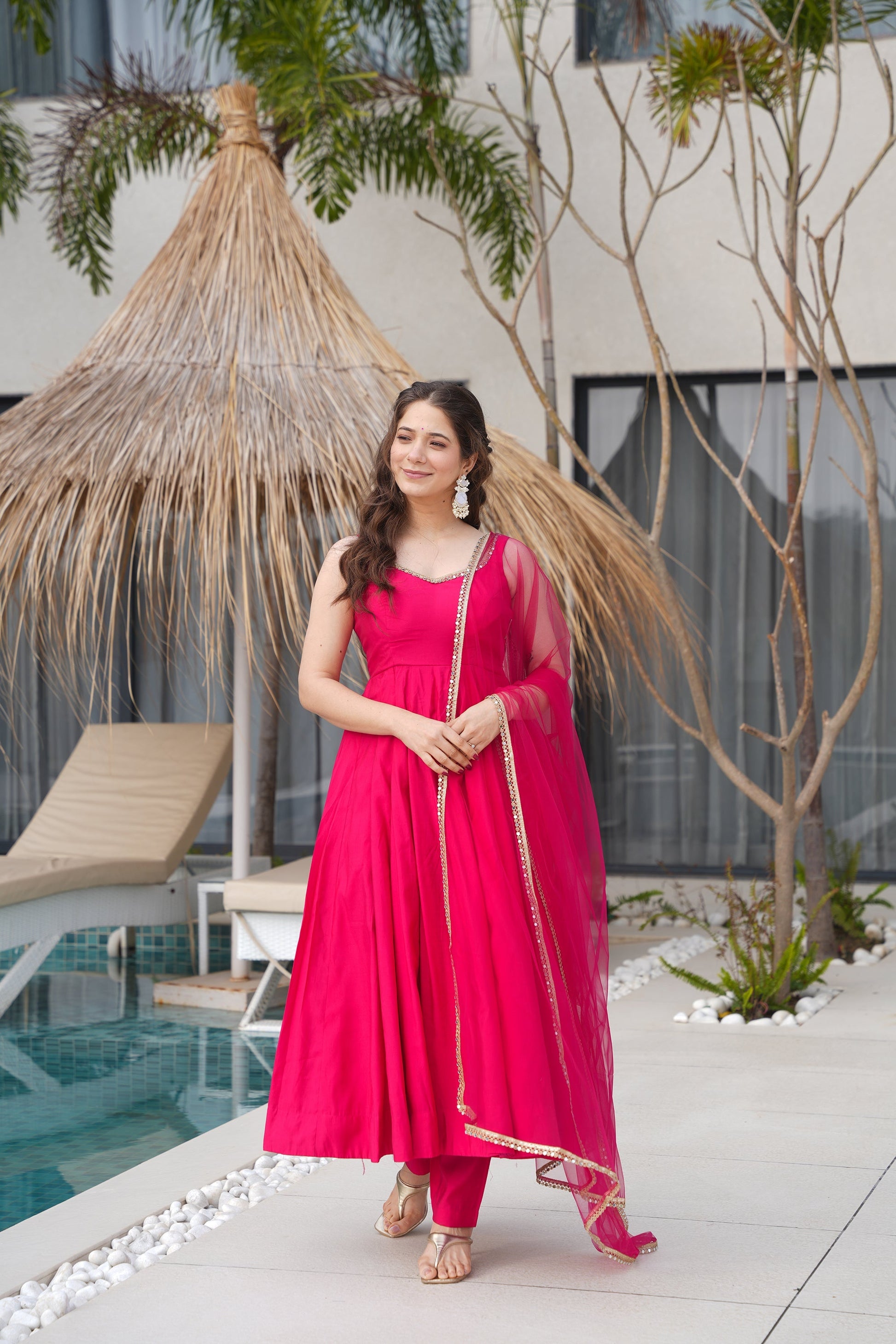 Lorenvalley Magenta Pure Romansilk Chanderi Fabric Yoke Fancy Lace Work Anarkali Kurta Pant With Dupatta Set 
