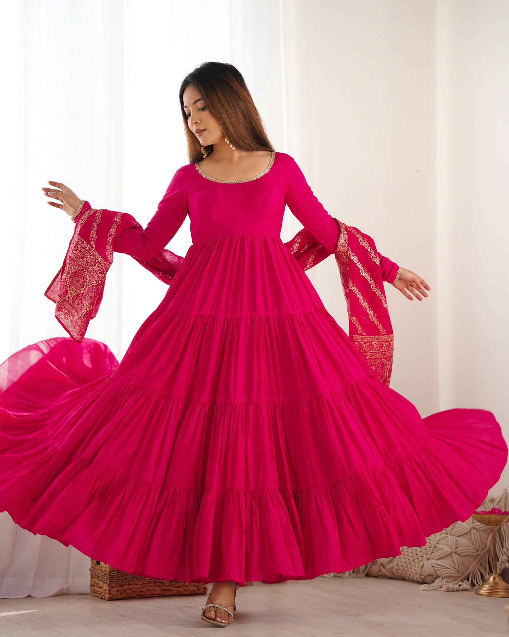 Lorenvalley Women Pure Roman silk Chanderi Fabric Layer Gathering Anarkali Kurta Pant With Dupatta Set - Magenta 