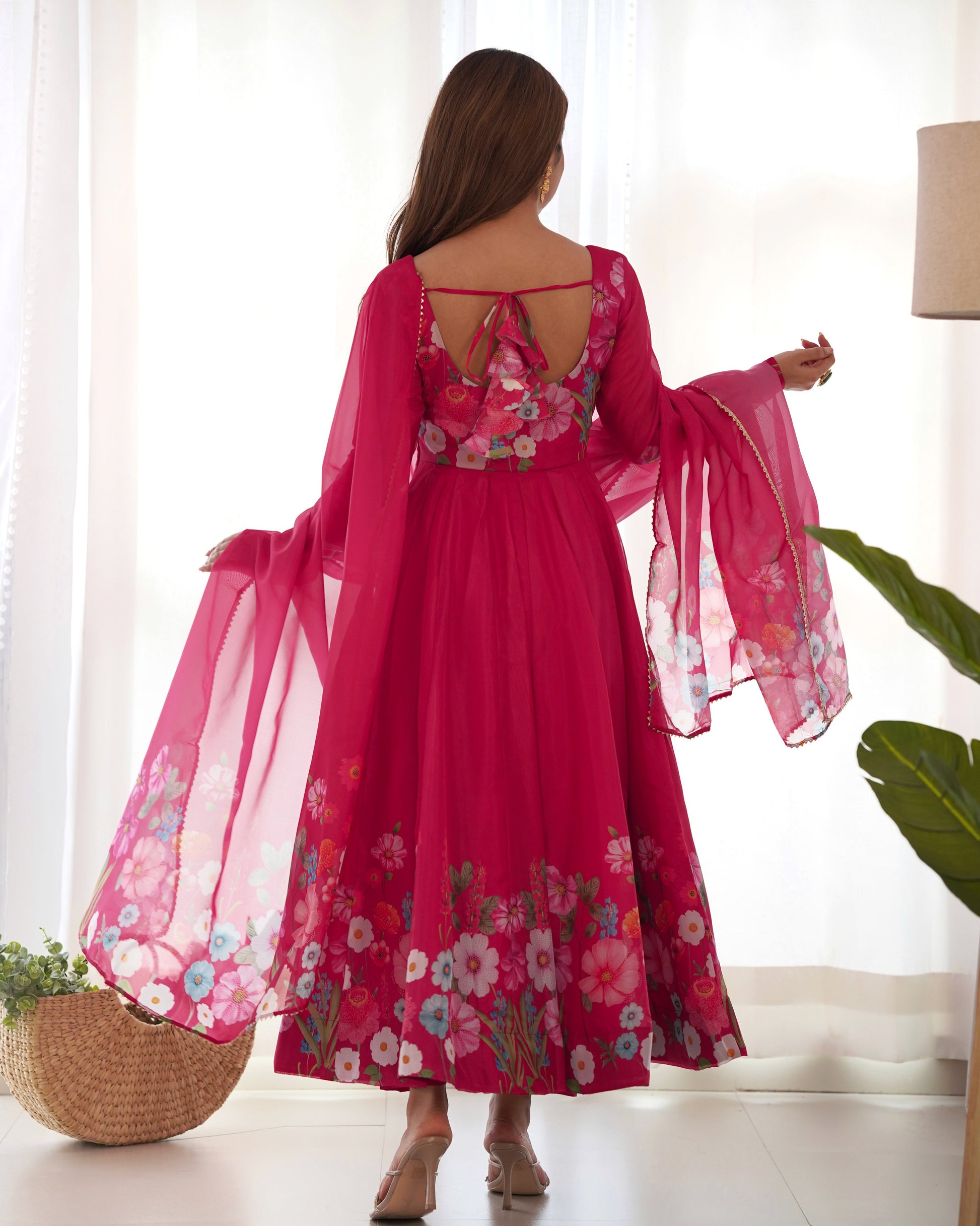 Lorenvalley Parrot Soft Organza Silk With Floral Print Fully Flared Anarkali Pant With Dupatta Set - Magenta 