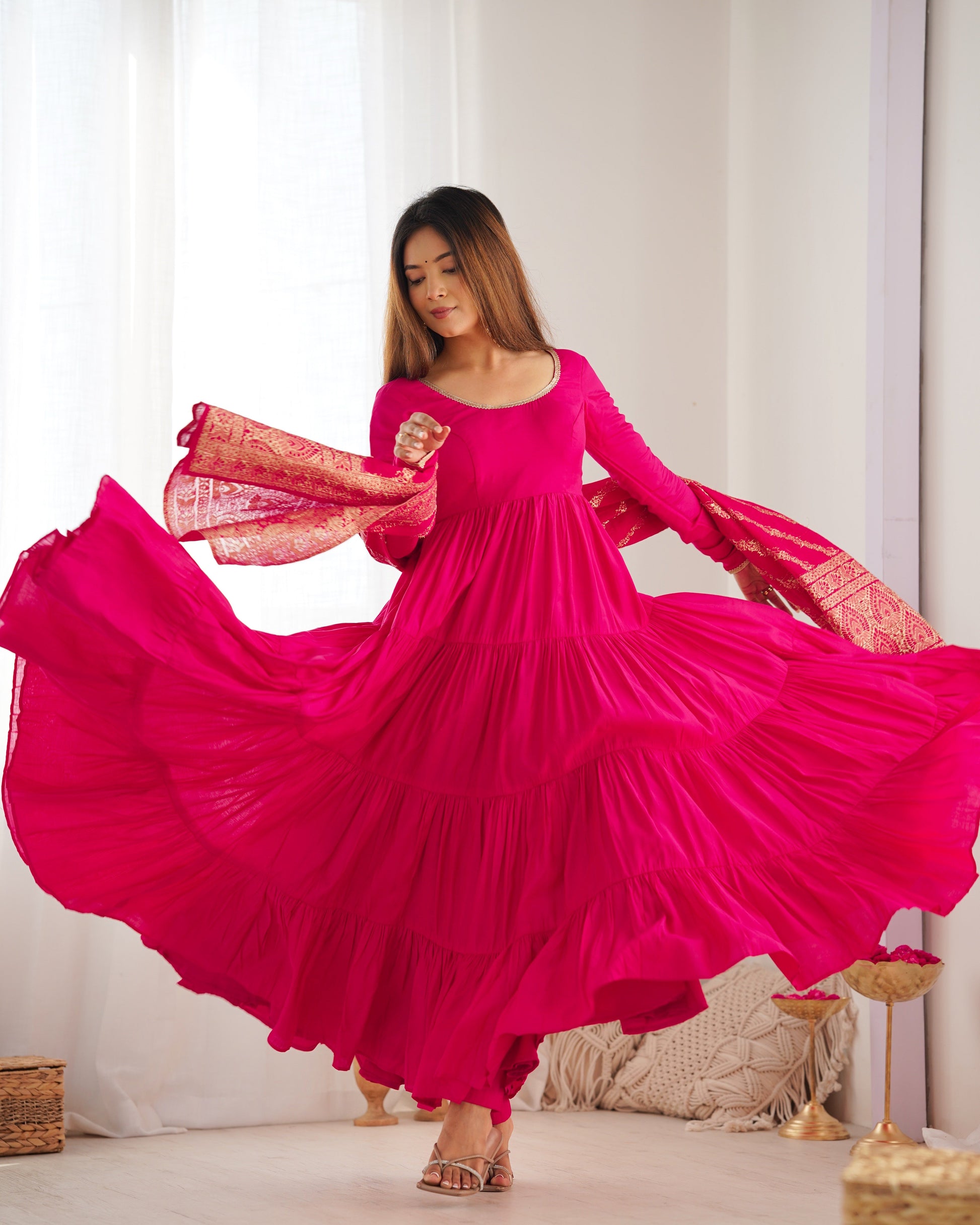Lorenvalley Women Pure Roman silk Chanderi Fabric Layer Gathering Anarkali Kurta Pant With Dupatta Set - Magenta 