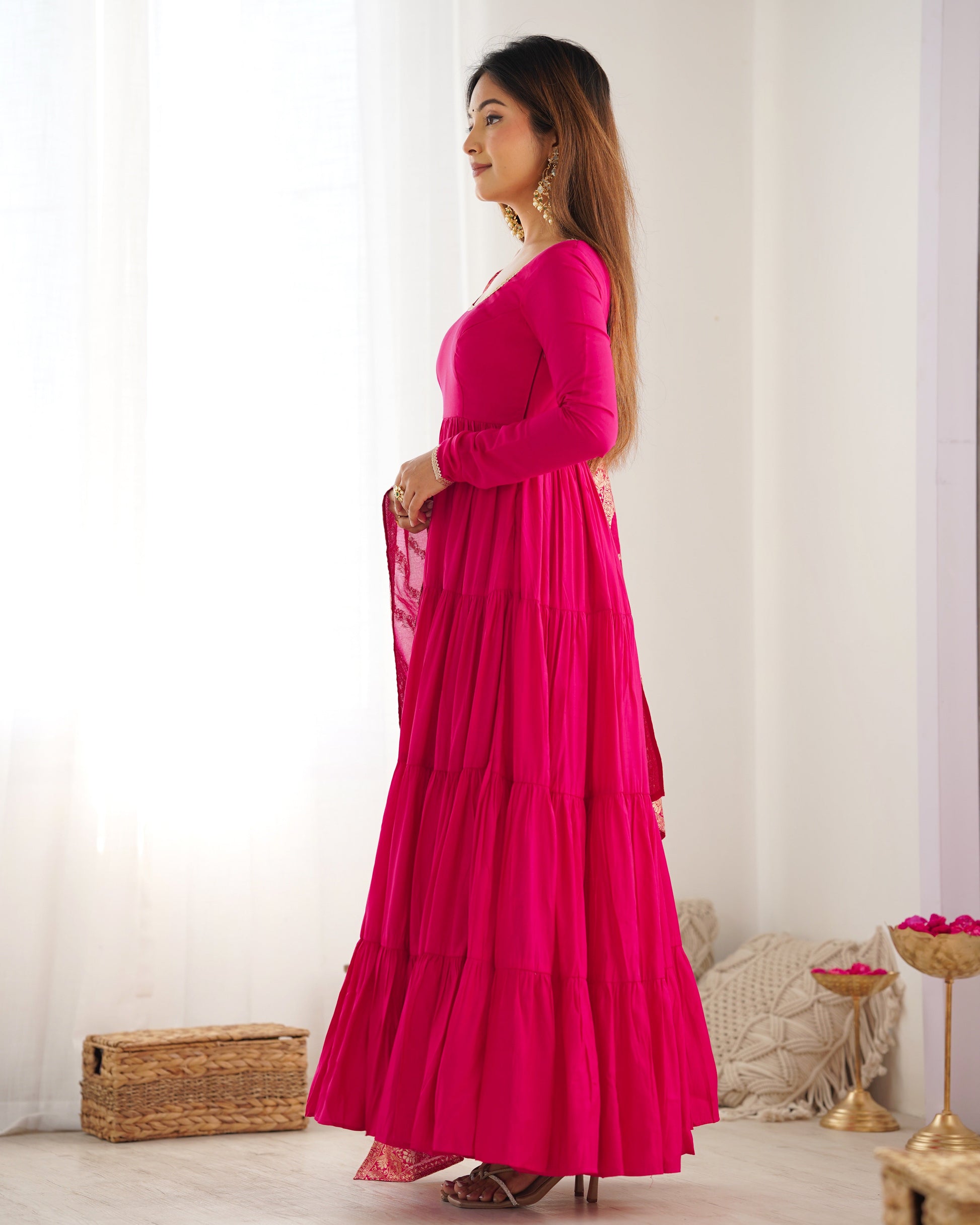 Lorenvalley Women Pure Roman silk Chanderi Fabric Layer Gathering Anarkali Kurta Pant With Dupatta Set - Magenta 