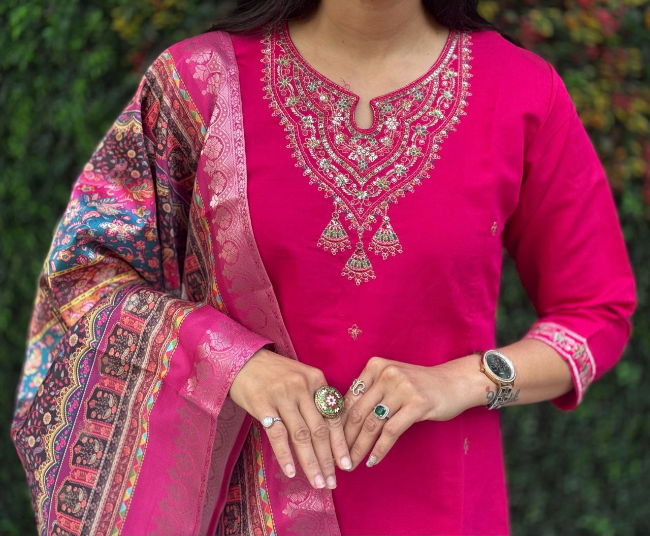Lorenvalley Fashion Magenta Roman Silk Embroidery Multi Work Kurta Pant with Dupatta 