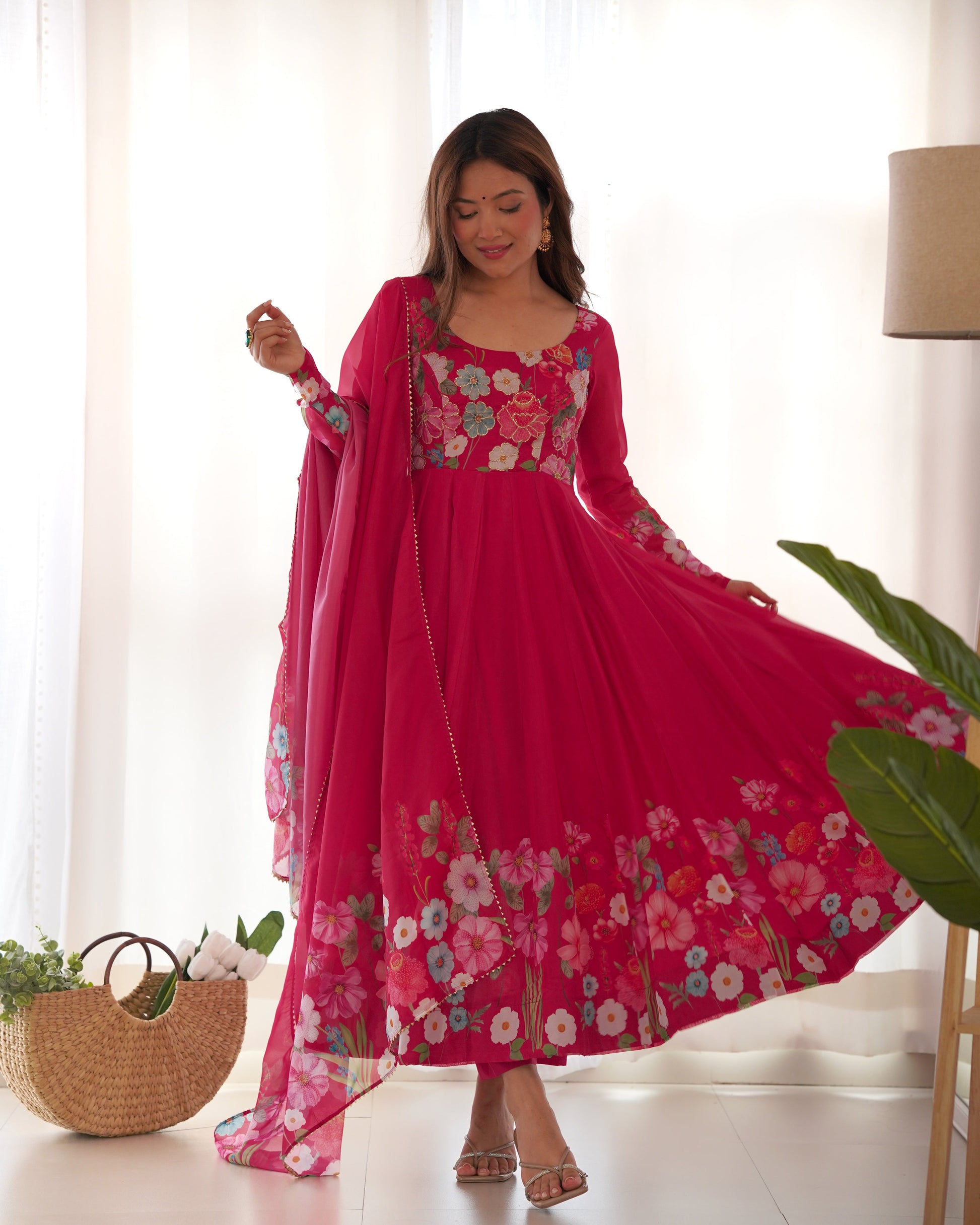 Lorenvalley Parrot Soft Organza Silk With Floral Print Fully Flared Anarkali Pant With Dupatta Set - Magenta 