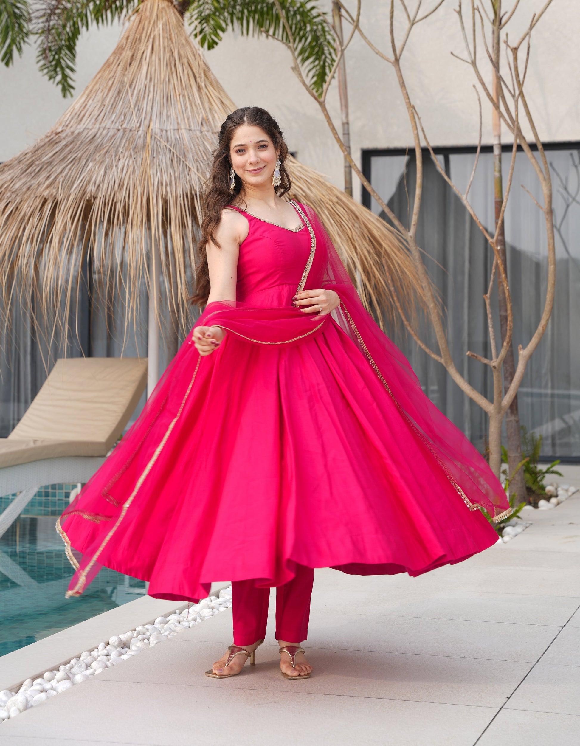 Lorenvalley Magenta Pure Romansilk Chanderi Fabric Yoke Fancy Lace Work Anarkali Kurta Pant With Dupatta Set 