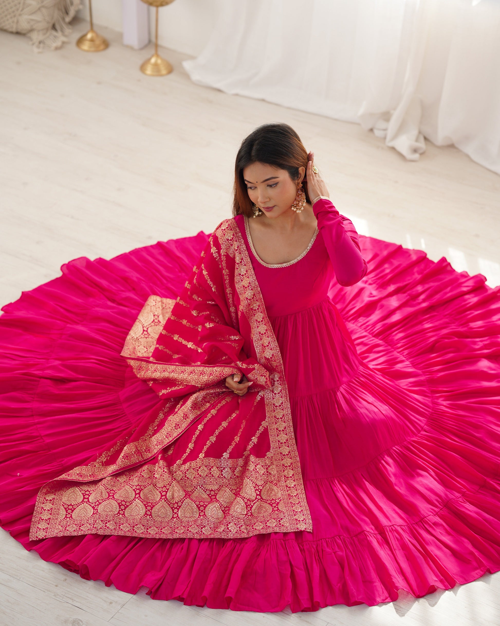 Lorenvalley Women Pure Roman silk Chanderi Fabric Layer Gathering Anarkali Kurta Pant With Dupatta Set - Magenta 