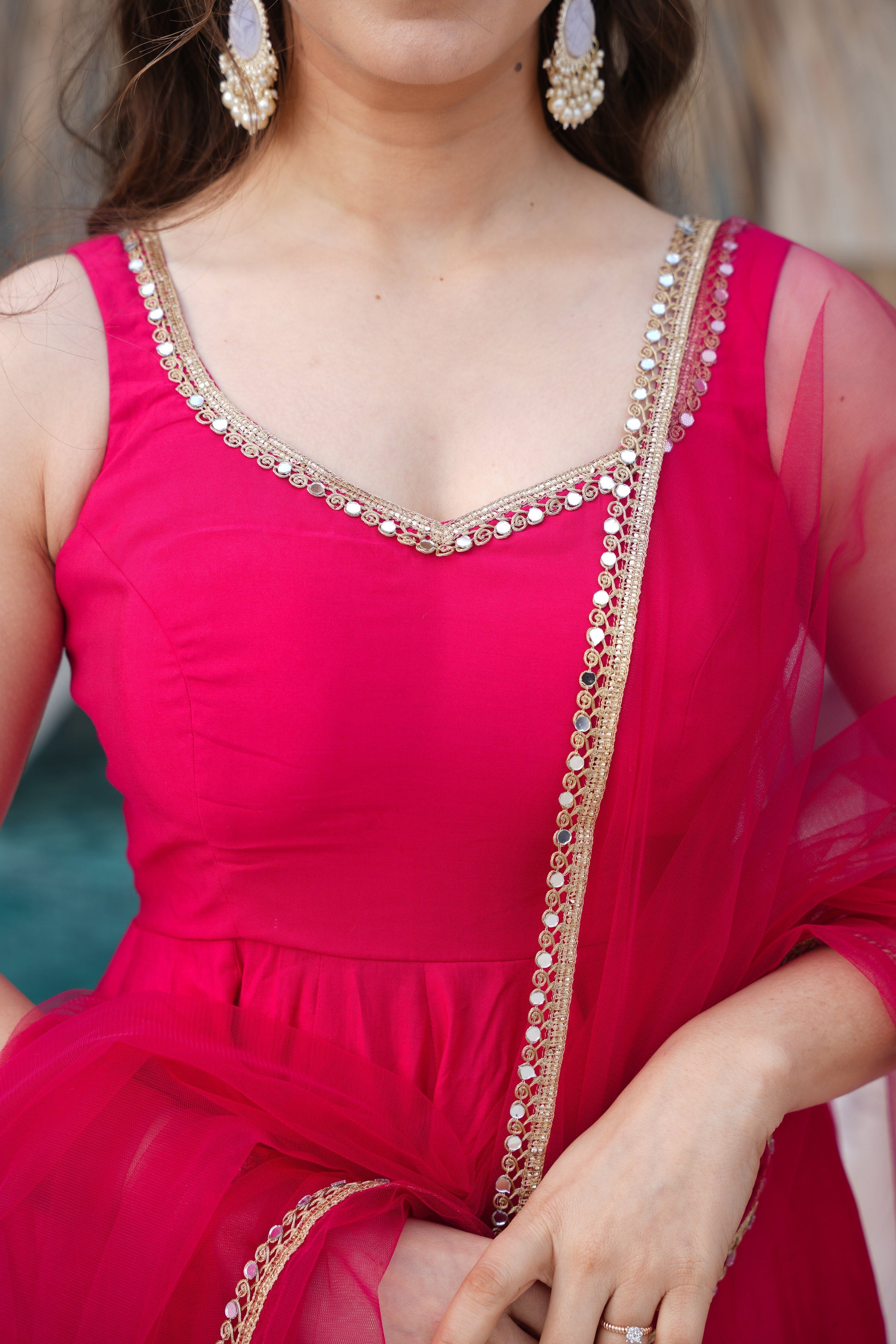 Lorenvalley Magenta Pure Romansilk Chanderi Fabric Yoke Fancy Lace Work Anarkali Kurta Pant With Dupatta Set 