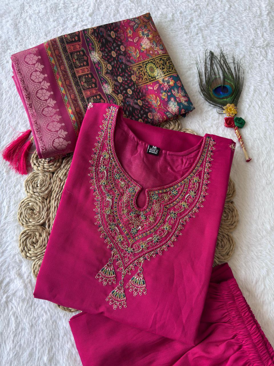 Lorenvalley Fashion Magenta Roman Silk Embroidery Multi Work Kurta Pant with Dupatta 