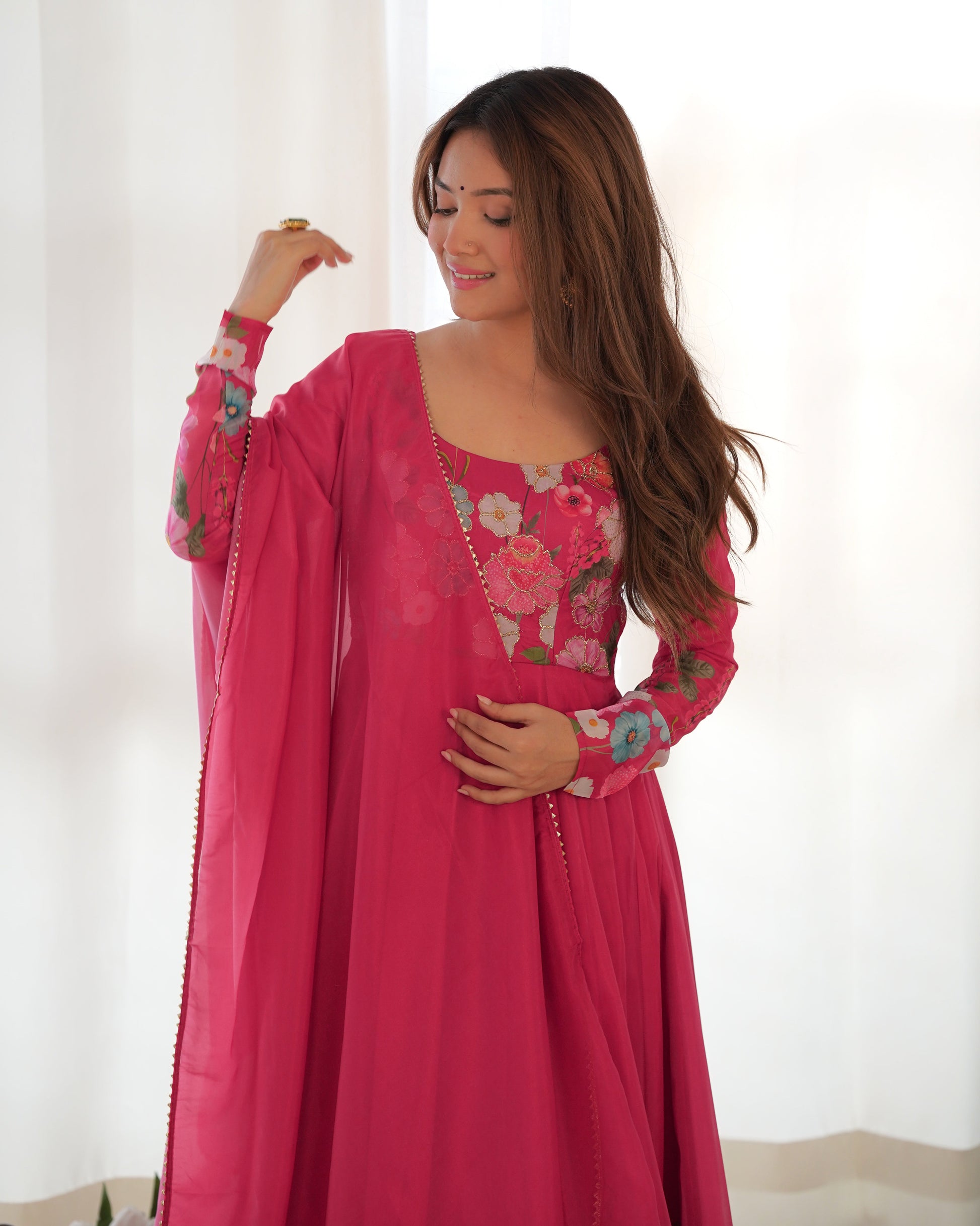 Lorenvalley Parrot Soft Organza Silk With Floral Print Fully Flared Anarkali Pant With Dupatta Set - Magenta 
