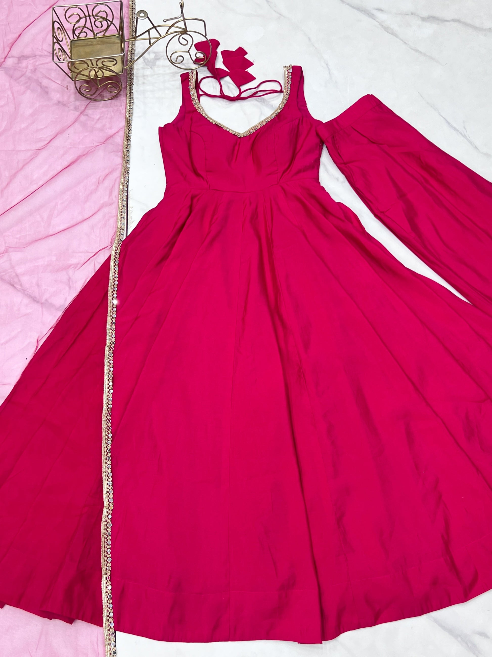 Lorenvalley Magenta Pure Romansilk Chanderi Fabric Yoke Fancy Lace Work Anarkali Kurta Pant With Dupatta Set 
