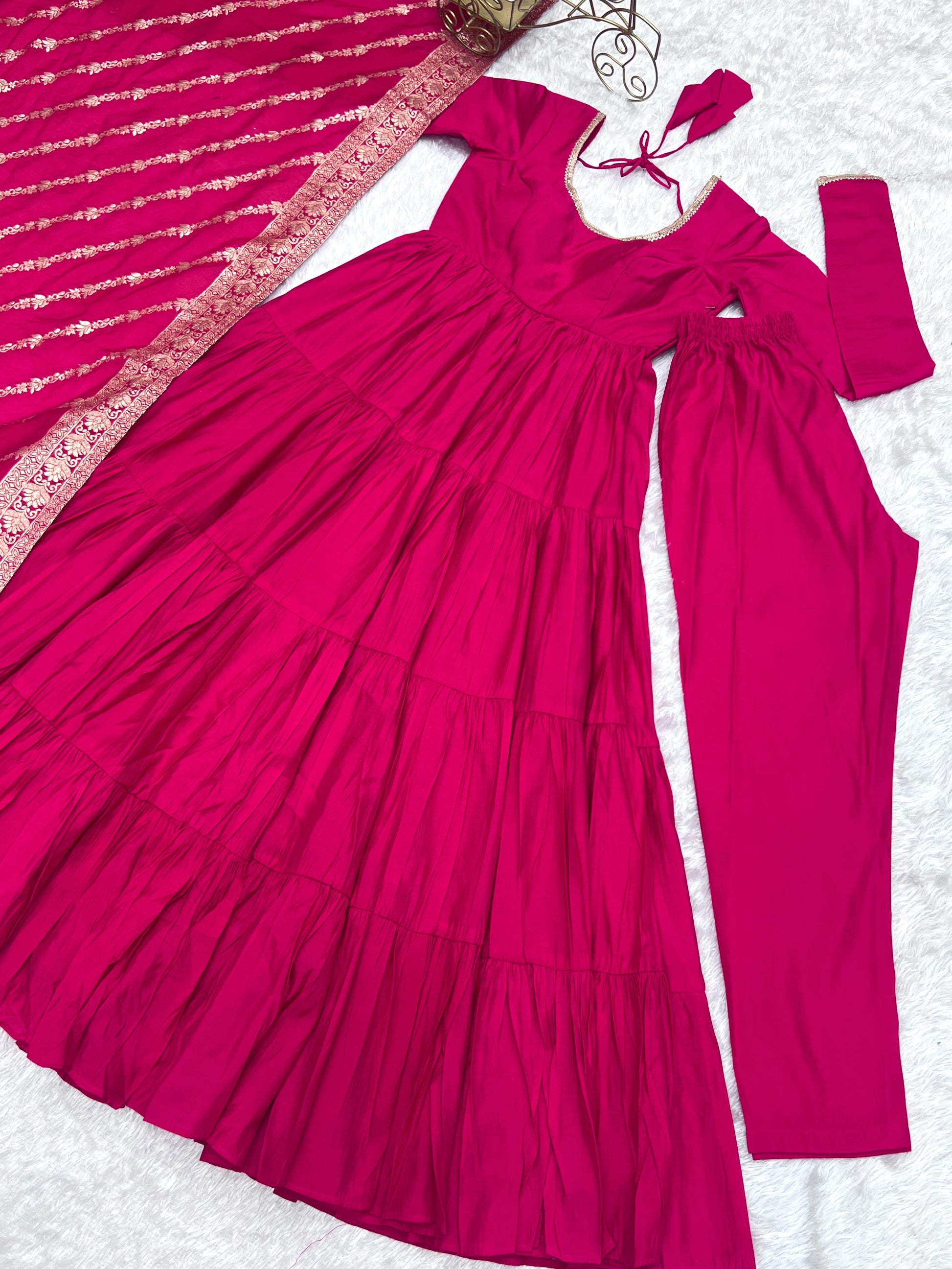 Lorenvalley Women Pure Roman silk Chanderi Fabric Layer Gathering Anarkali Kurta Pant With Dupatta Set - Magenta 