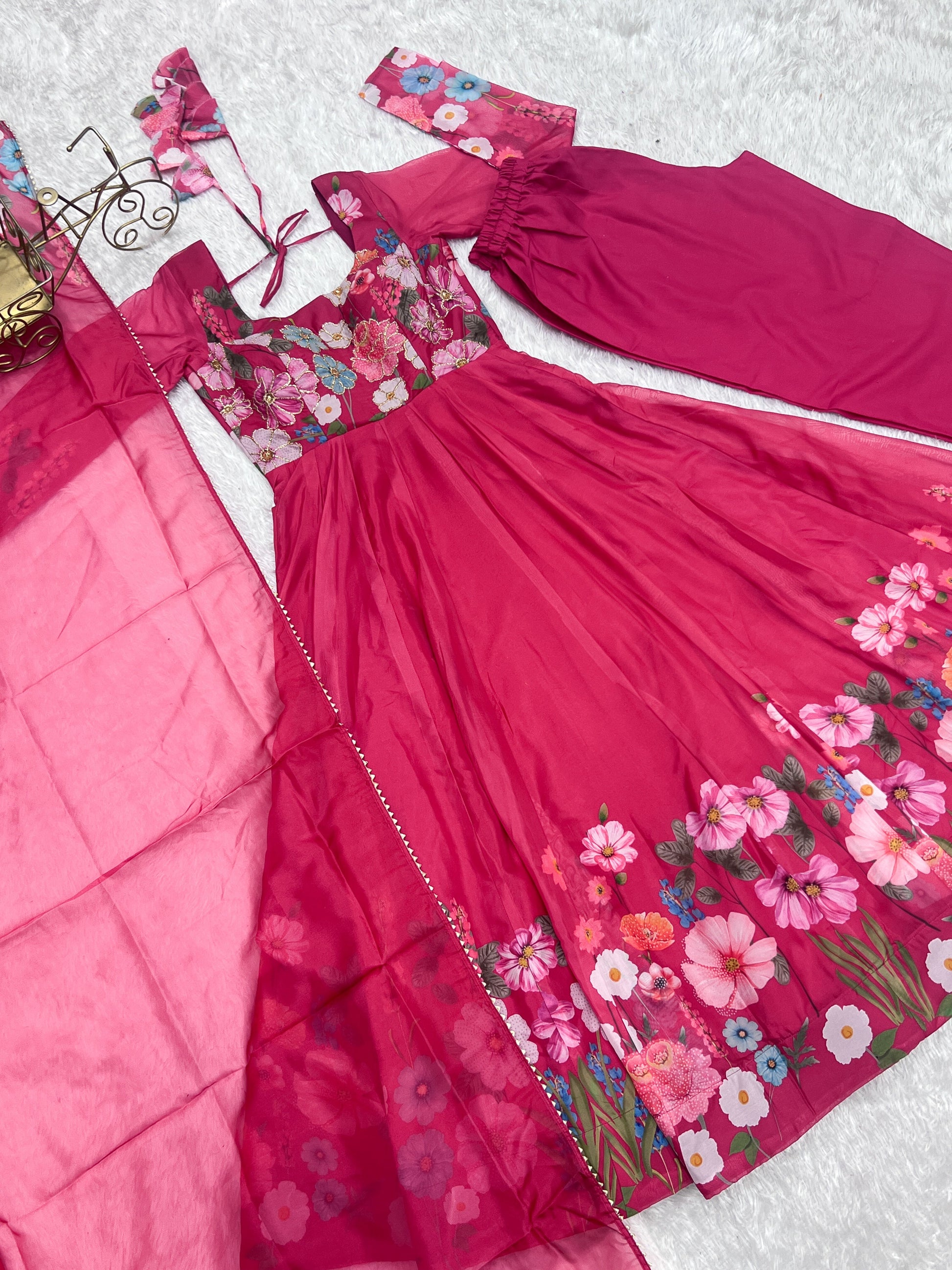 Lorenvalley Parrot Soft Organza Silk With Floral Print Fully Flared Anarkali Pant With Dupatta Set - Magenta 