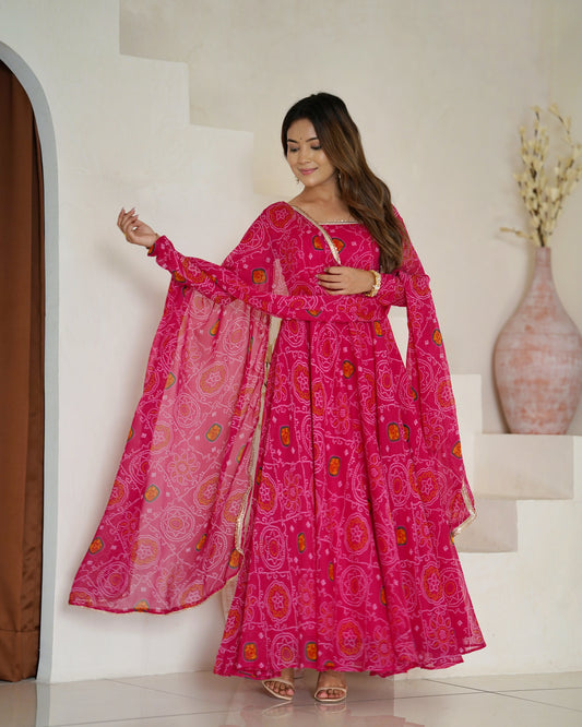 Lorenvalley Women Soft Lightweight Chiffon Bandhej Print Fabric Anarkali Kurta Pant With Dupatta Set