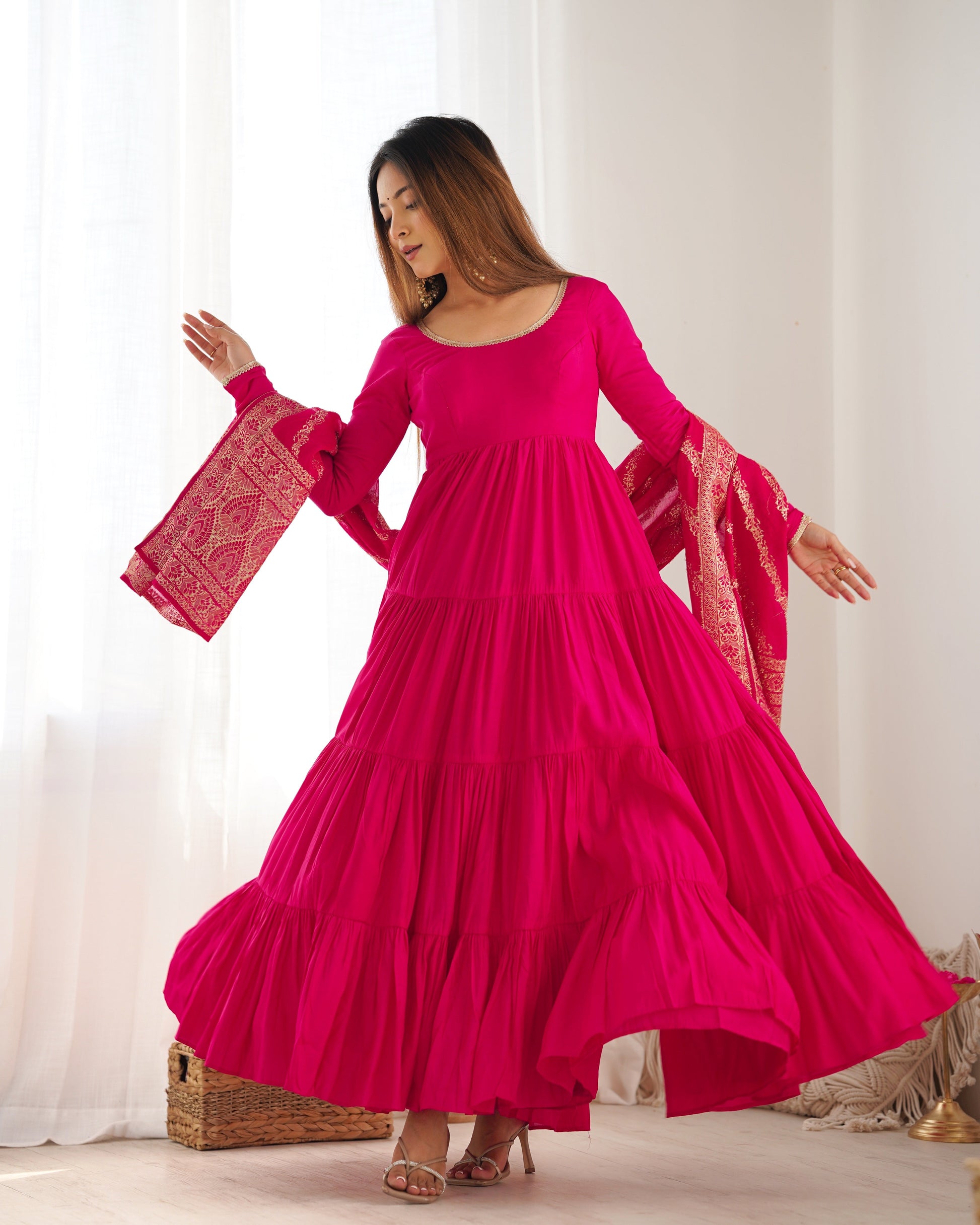 Lorenvalley Women Pure Roman silk Chanderi Fabric Layer Gathering Anarkali Kurta Pant With Dupatta Set - Magenta 