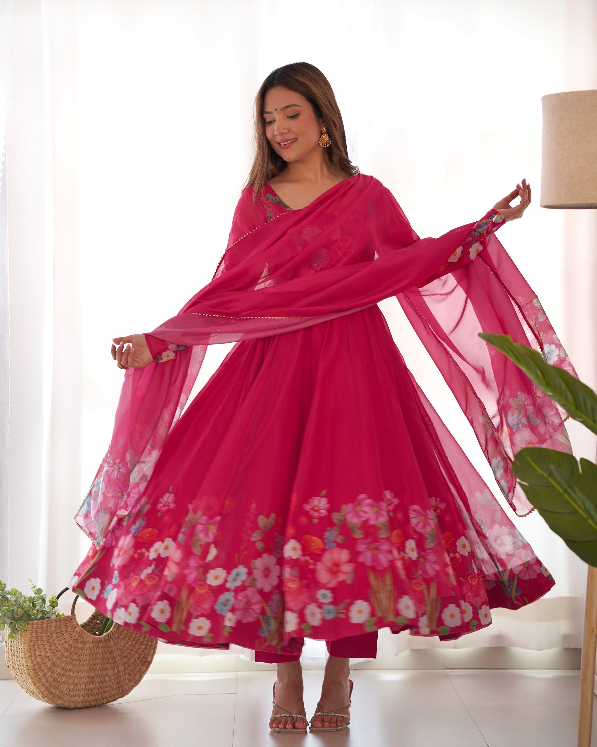 Lorenvalley Parrot Soft Organza Silk With Floral Print Fully Flared Anarkali Pant With Dupatta Set - Magenta 