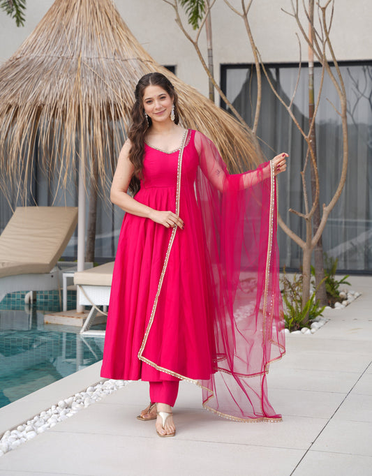 Lorenvalley Magenta Pure Romansilk Chanderi Fabric Yoke Fancy Lace Work Anarkali Kurta Pant With Dupatta Set 