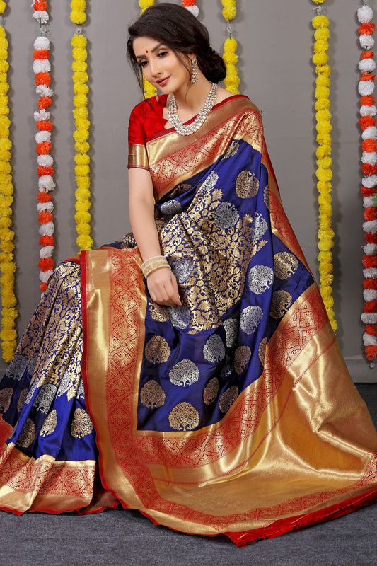 Anaita Navy Woven Design Pure Silk Banarasi Saree With Blouse