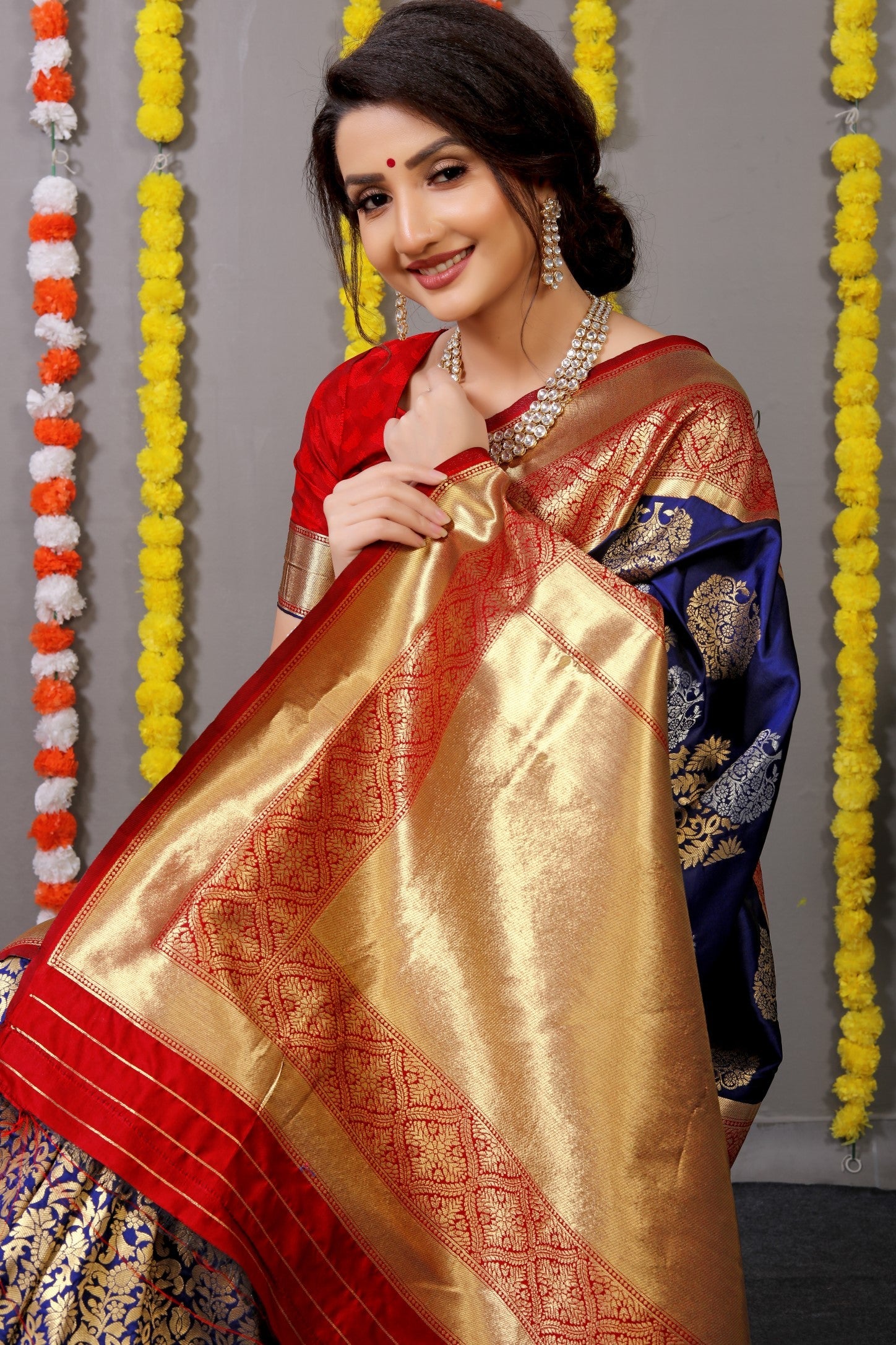 Anaita Navy Woven Design Pure Silk Banarasi Saree With Blouse
