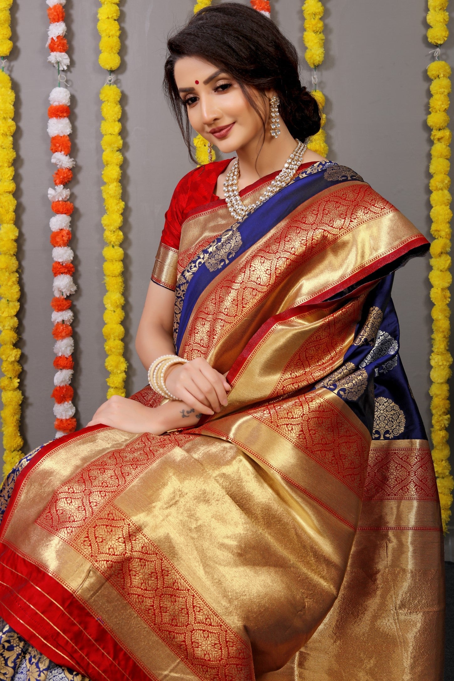Anaita Navy Woven Design Pure Silk Banarasi Saree With Blouse