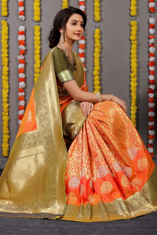 Anaita Orange Woven Design Pure Silk Banarasi Saree With Blouse