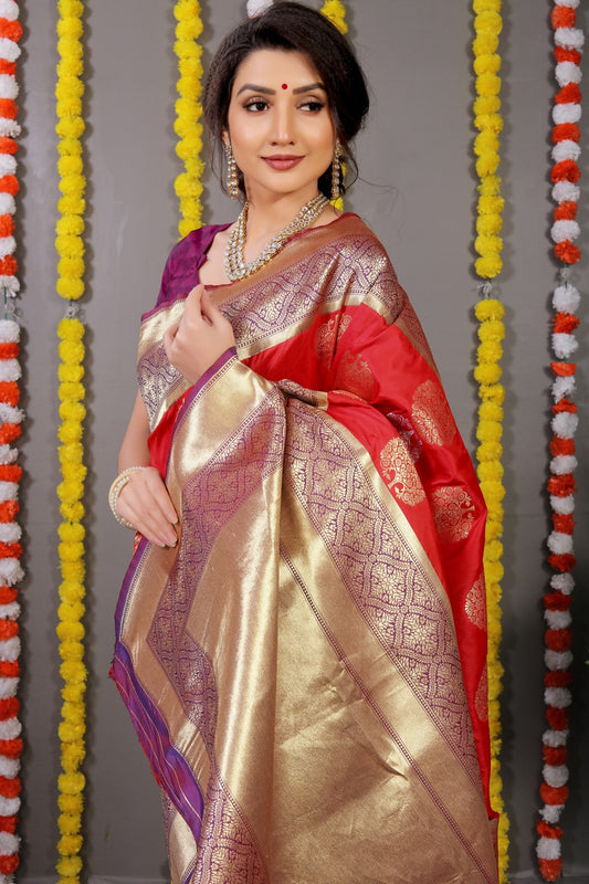 Anaita Red Woven Design Pure Silk Banarasi Saree With Blouse