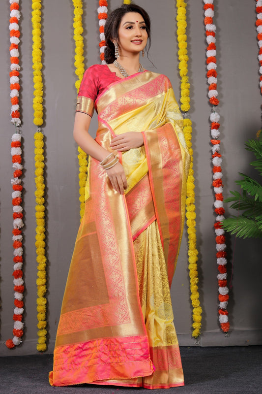 Anaita Yellow Woven Design Pure Silk Banarasi Saree With Blouse