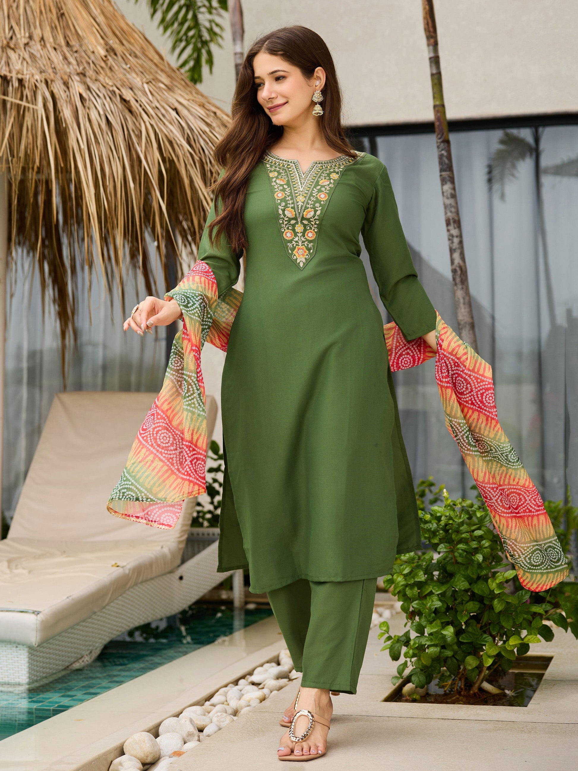 The52 Women's Gorgeous Rayon Embroidery work Straight Kurta with Pant and Dupatta Set | Grab2Buy