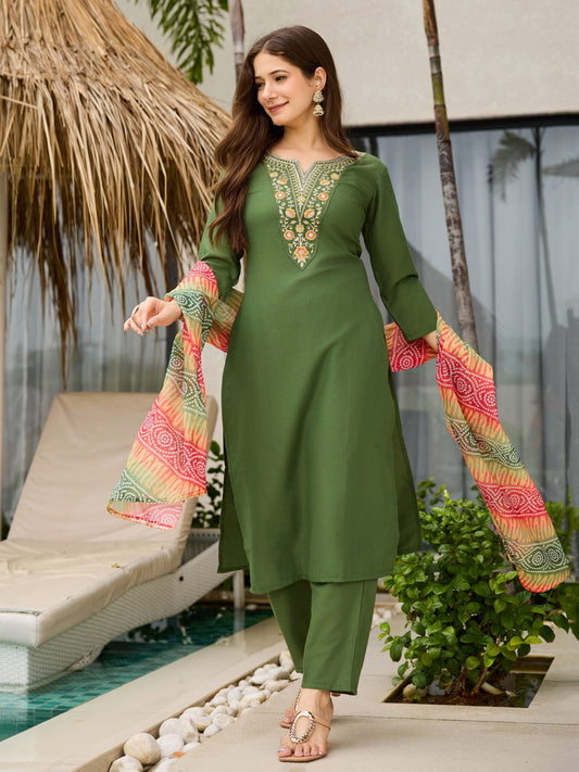 The52 Women's Gorgeous Rayon Embroidery work Straight Kurta with Pant and Dupatta Set | Grab2Buy
