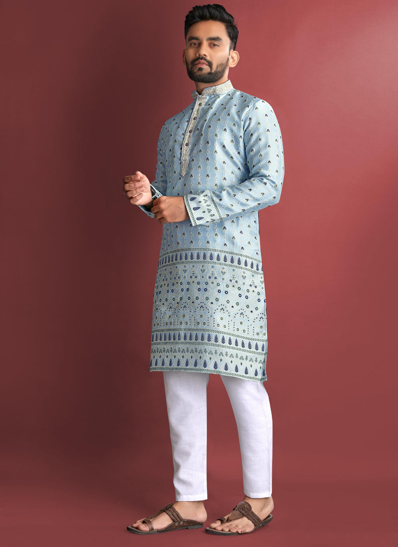 Prazu Fashion Sky Blue Jacquard Silk Amboj Work Kurta