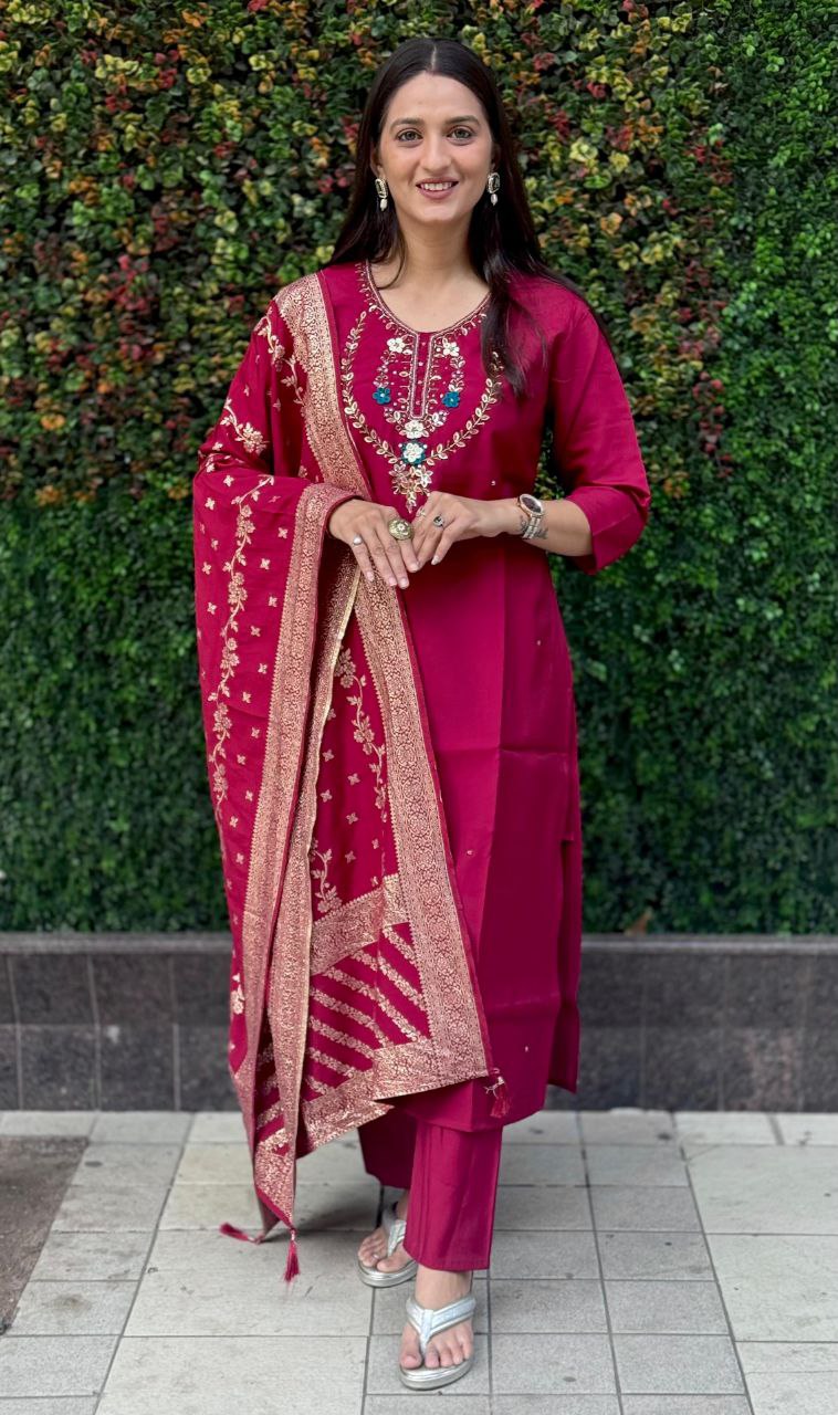 Lorenvalley Fashion Maroon Roman Silk Hand Work Kurta Pant with Dupatta 
