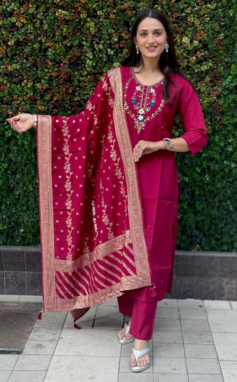 Lorenvalley Fashion Maroon Roman Silk Hand Work Kurta Pant with Dupatta 