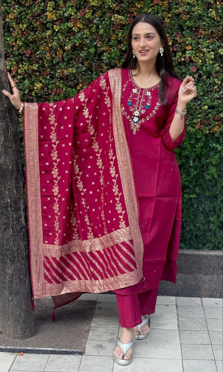 Lorenvalley Fashion Maroon Roman Silk Hand Work Kurta Pant with Dupatta 