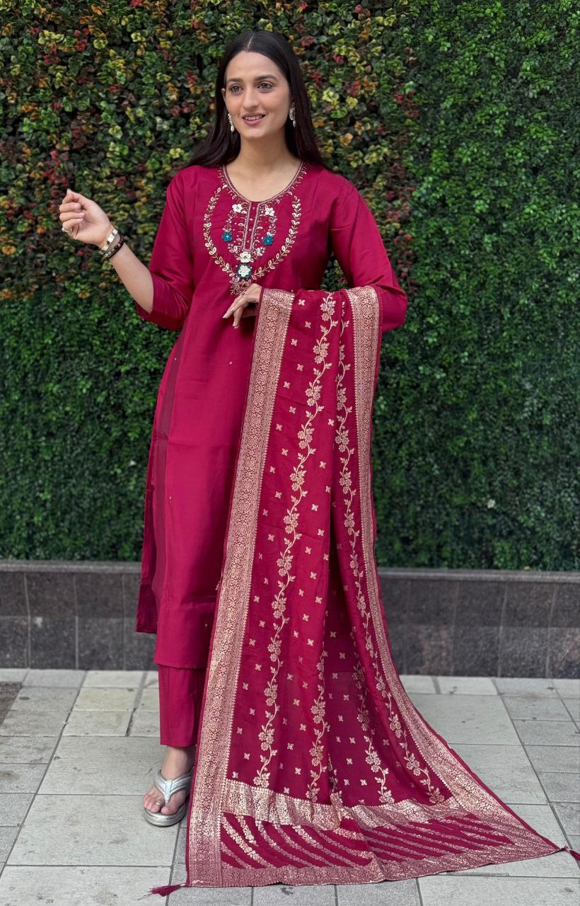 Lorenvalley Fashion Maroon Roman Silk Hand Work Kurta Pant with Dupatta 