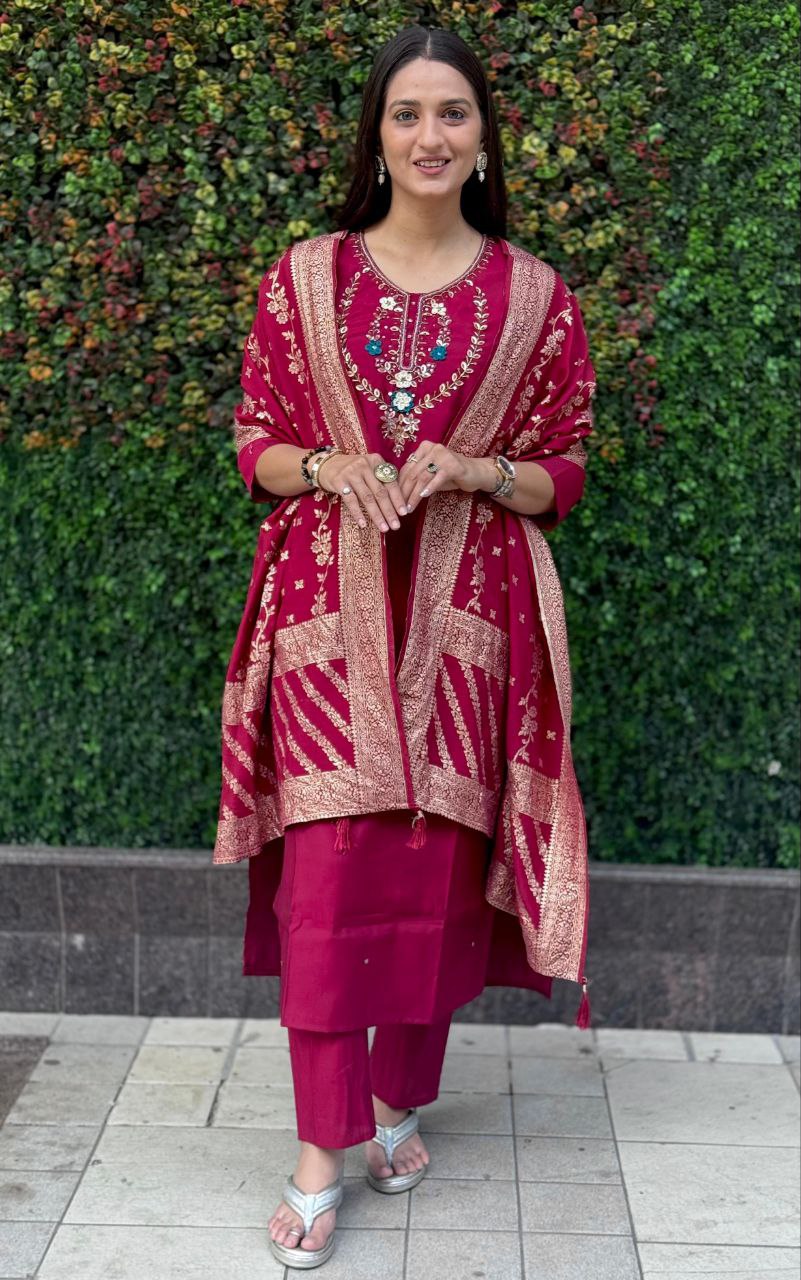Lorenvalley Fashion Maroon Roman Silk Hand Work Kurta Pant with Dupatta 