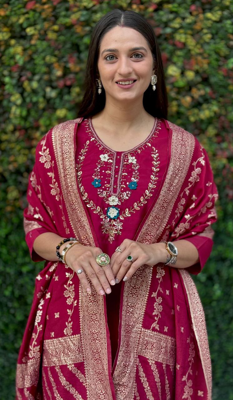 Lorenvalley Fashion Maroon Roman Silk Hand Work Kurta Pant with Dupatta 