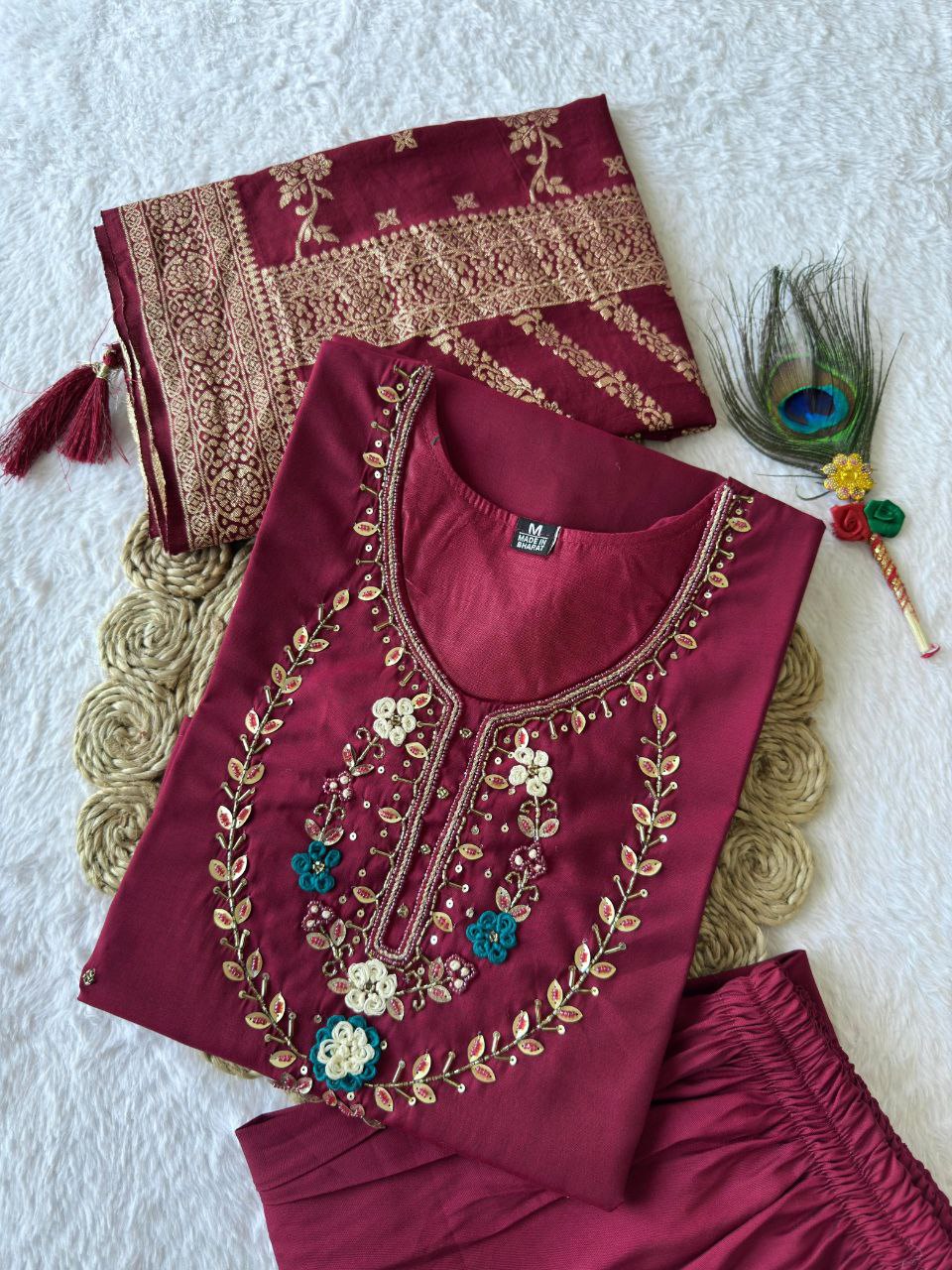 Lorenvalley Fashion Maroon Roman Silk Hand Work Kurta Pant with Dupatta 