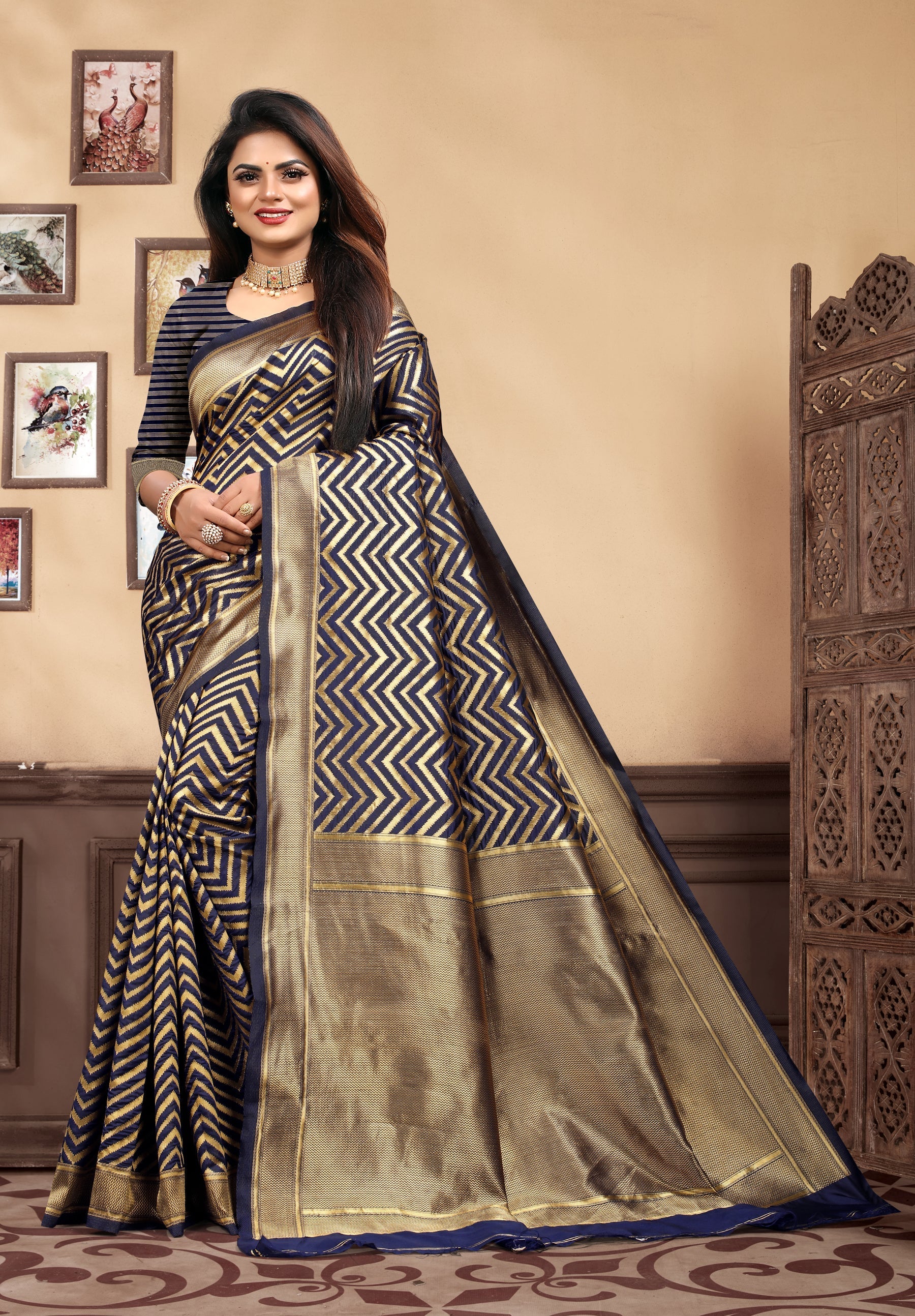 Vedant Vastram Litchi Silk Designer Banarasi Saree - Navy Blue | Swadesiicart