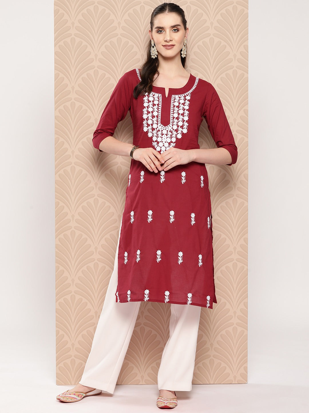 Yufta Maroon Floral Embroidered Pure Cotton Kurta 
