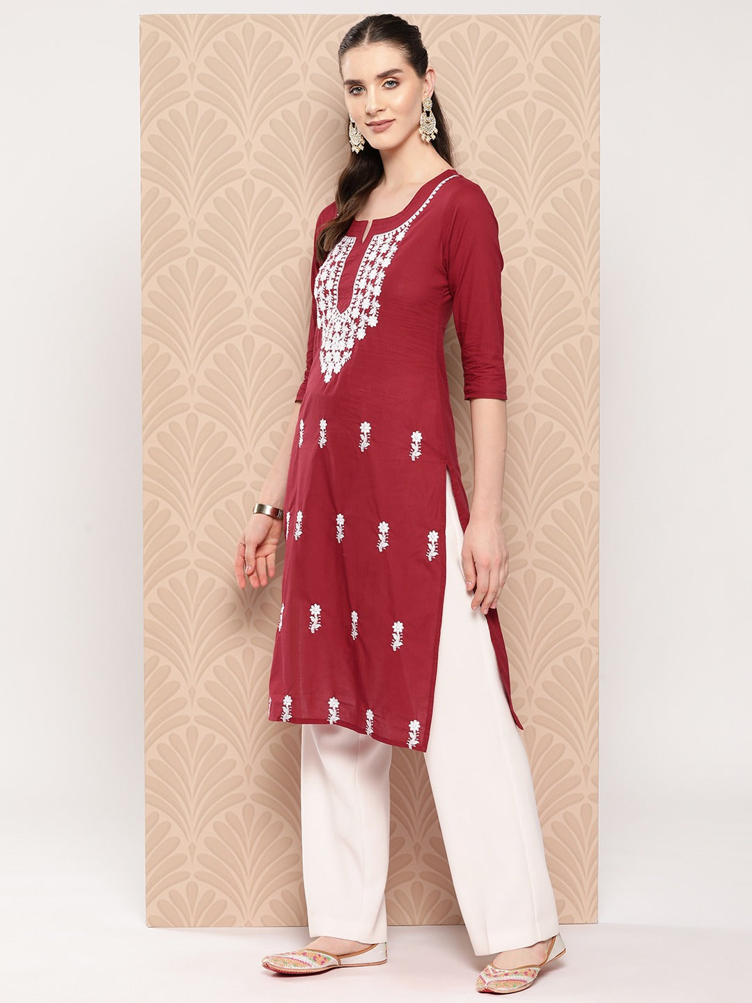 Yufta Maroon Floral Embroidered Pure Cotton Kurta 
