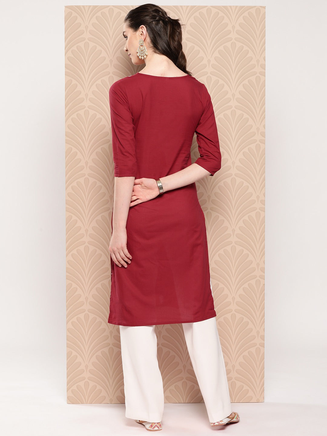 Yufta Maroon Floral Embroidered Pure Cotton Kurta 