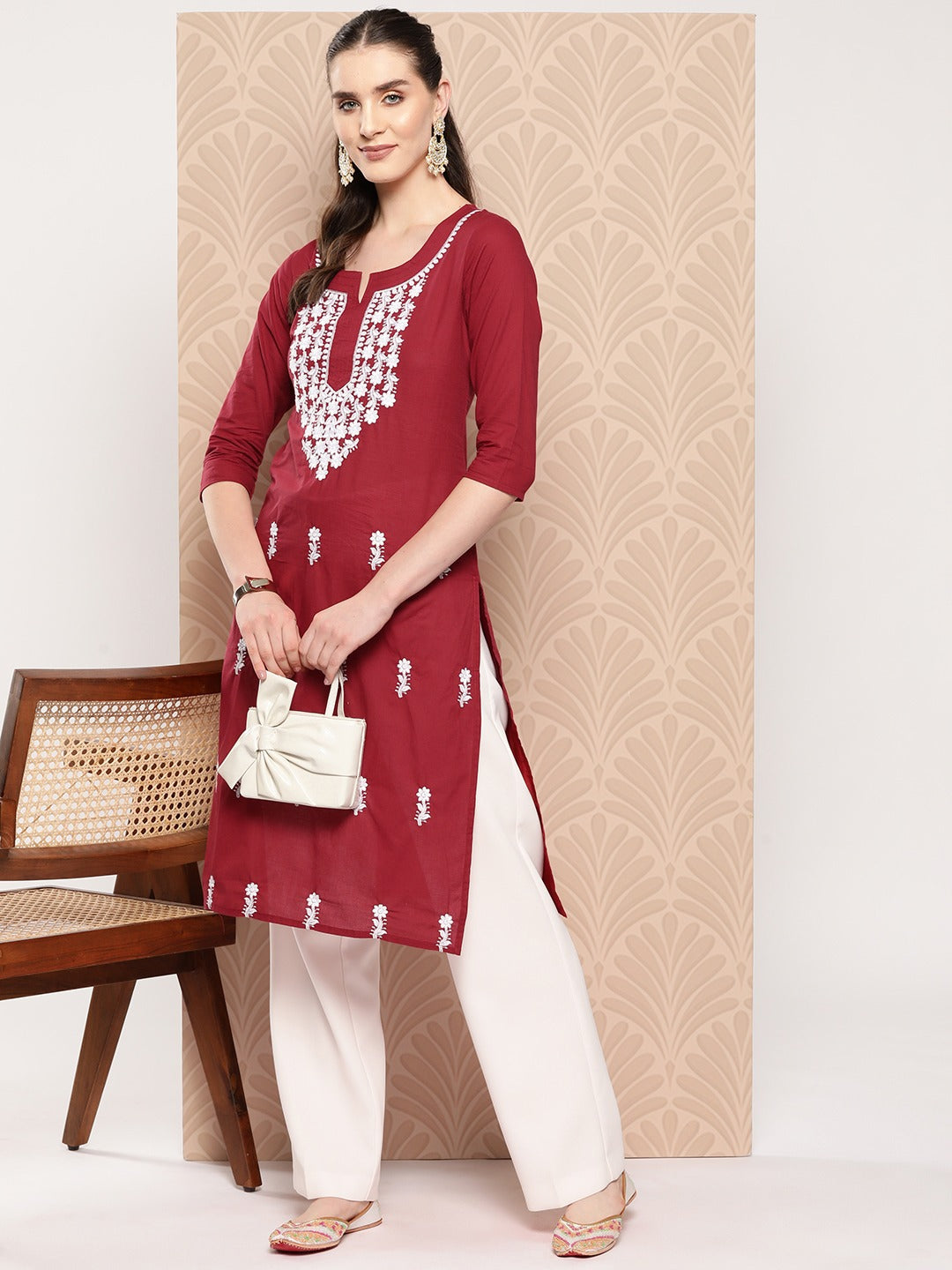 Yufta Maroon Floral Embroidered Pure Cotton Kurta 