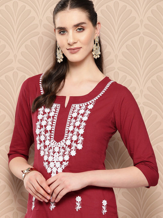 Yufta Maroon Floral Embroidered Pure Cotton Kurta 