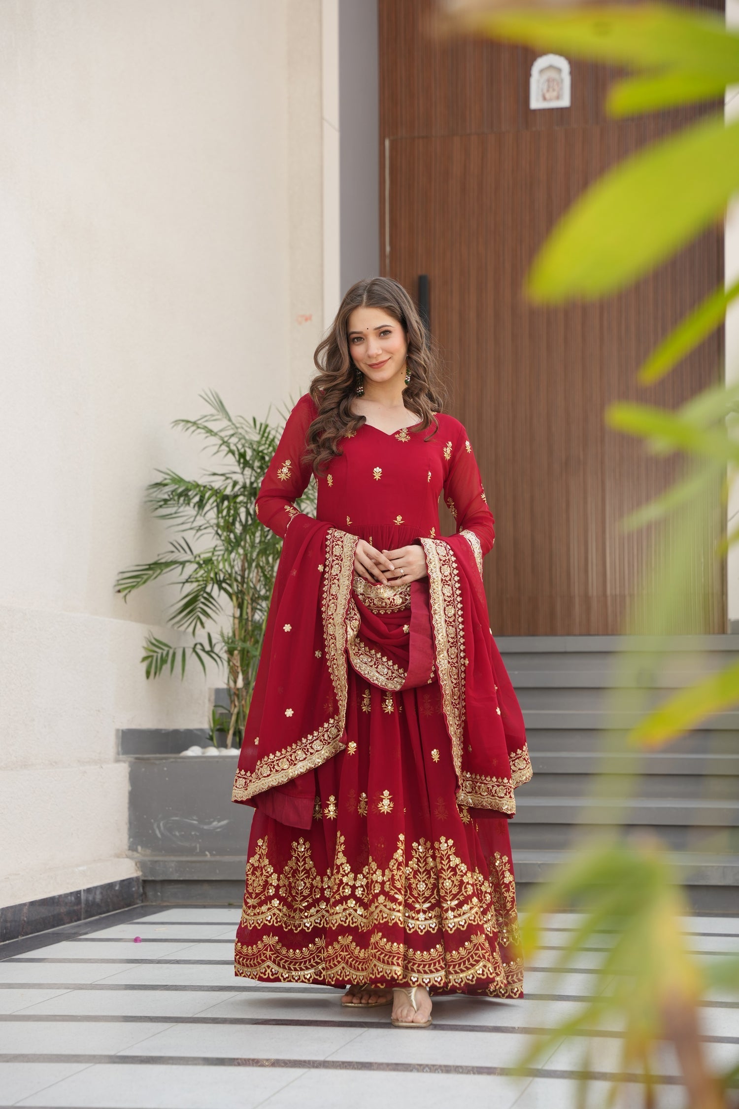 Lorenvalley Fashion Maroon Faux Georgette with Zari & Sequins Embroidered Work Anarkali Gown with Dupatta 