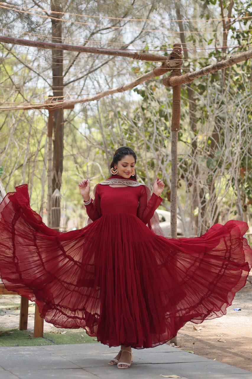 Evanik Maroon Faux Blooming Gown With Dupatta With Rich Sequins Embroidered work