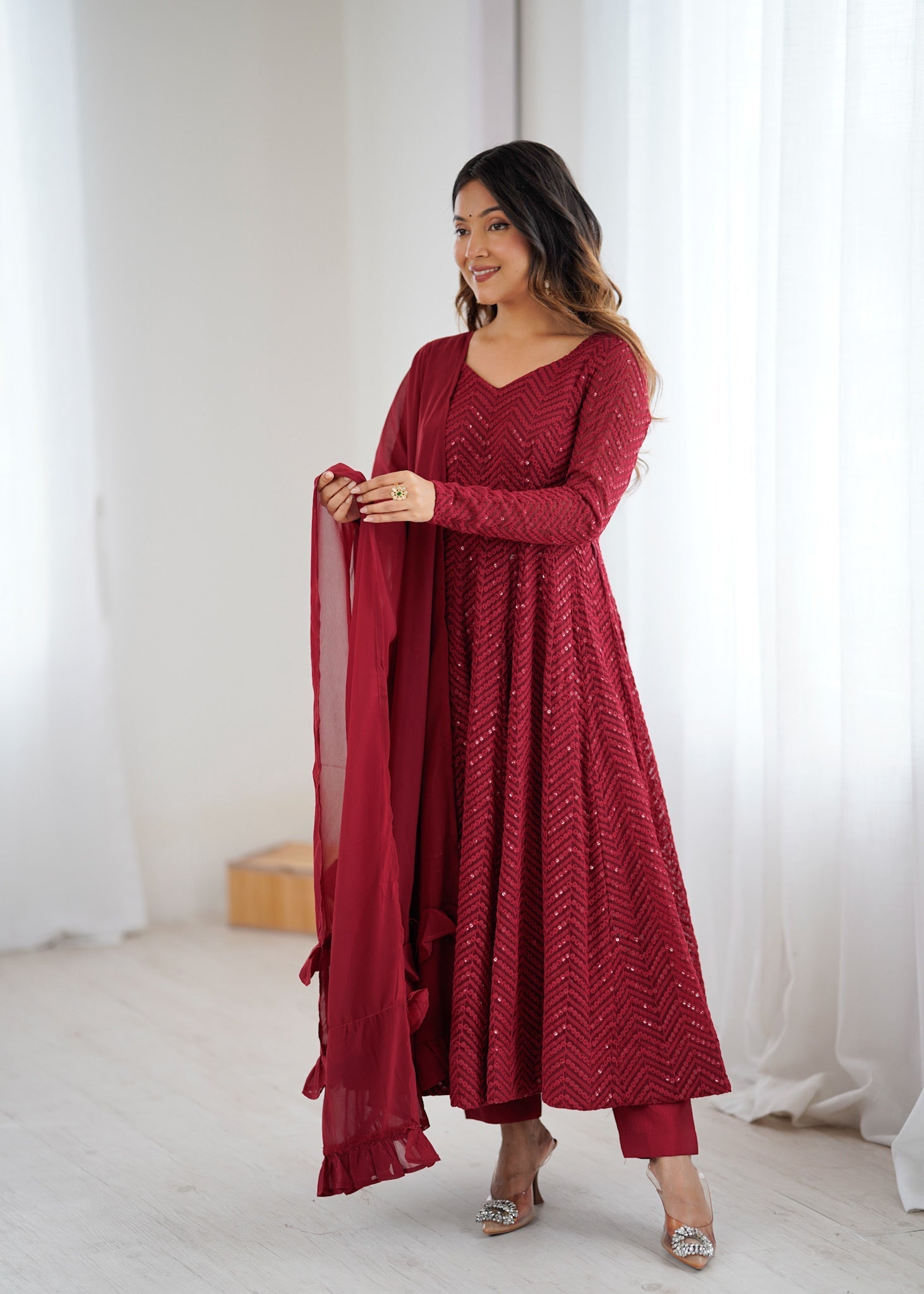Lorenvalley Fashion Maroon Faux Georgette Lukhnowi Sequence Work Anarkali Kurta Pant With Dupatta Set 