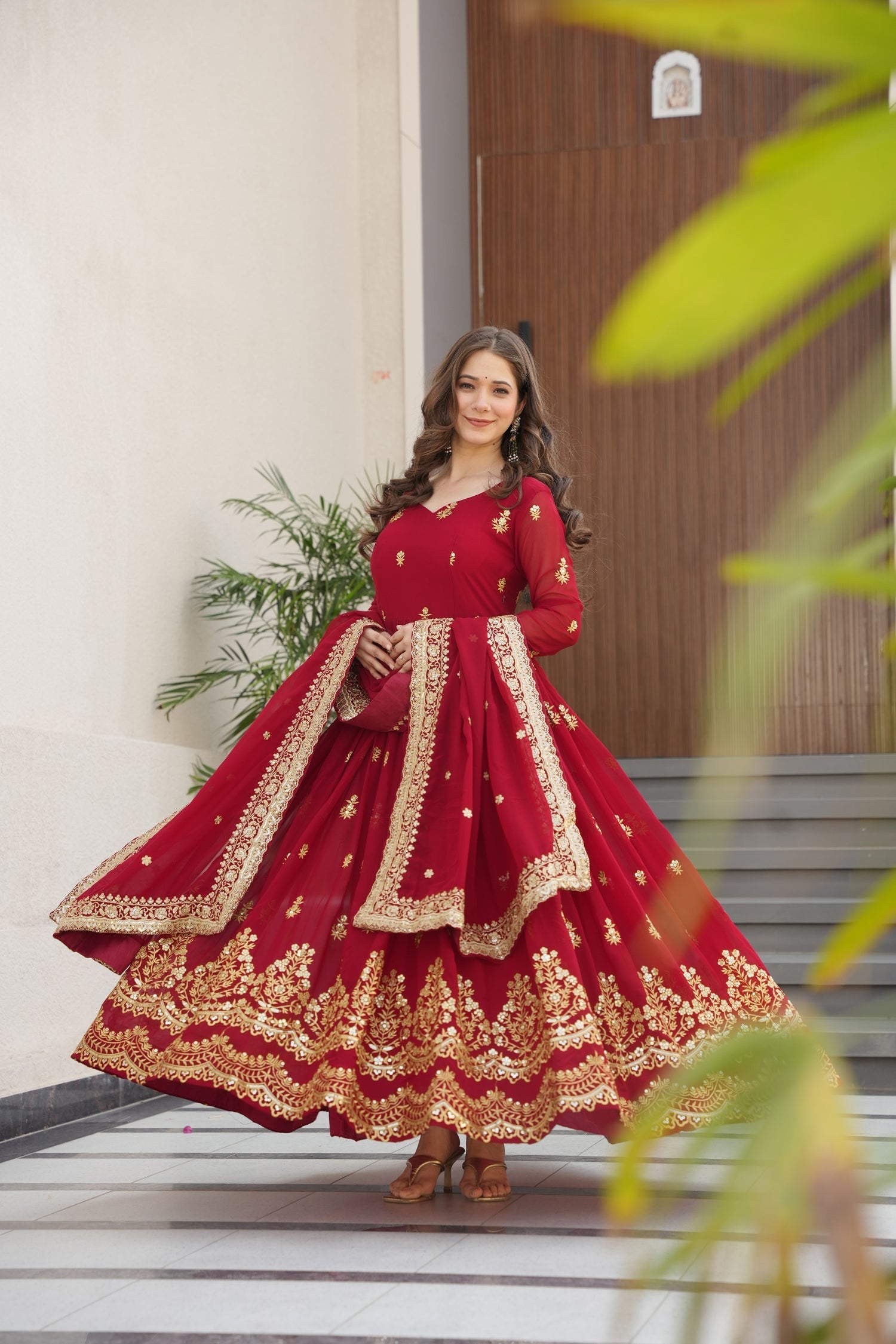 Lorenvalley Fashion Maroon Faux Georgette with Zari & Sequins Embroidered Work Anarkali Gown with Dupatta 